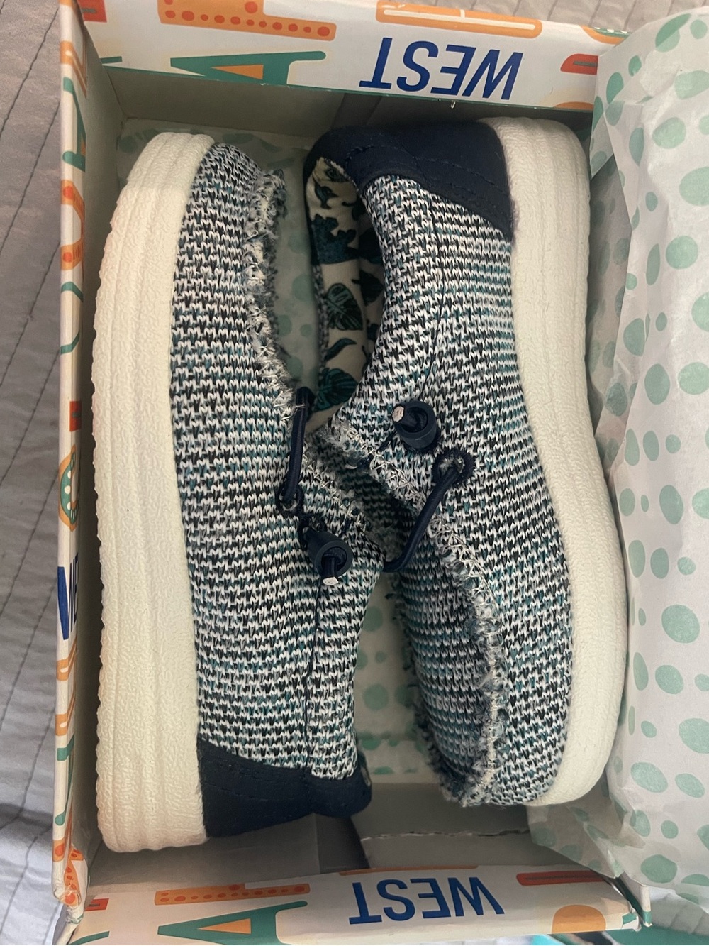 Kids Slip-On, West Harris “Lil Benny” Moccasin in Navy/White Knit, Dino Interior